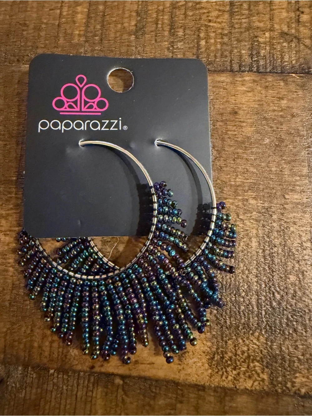 paparazzi Iridescent Beaded Fringe Hoops in Blue and Purple Tones